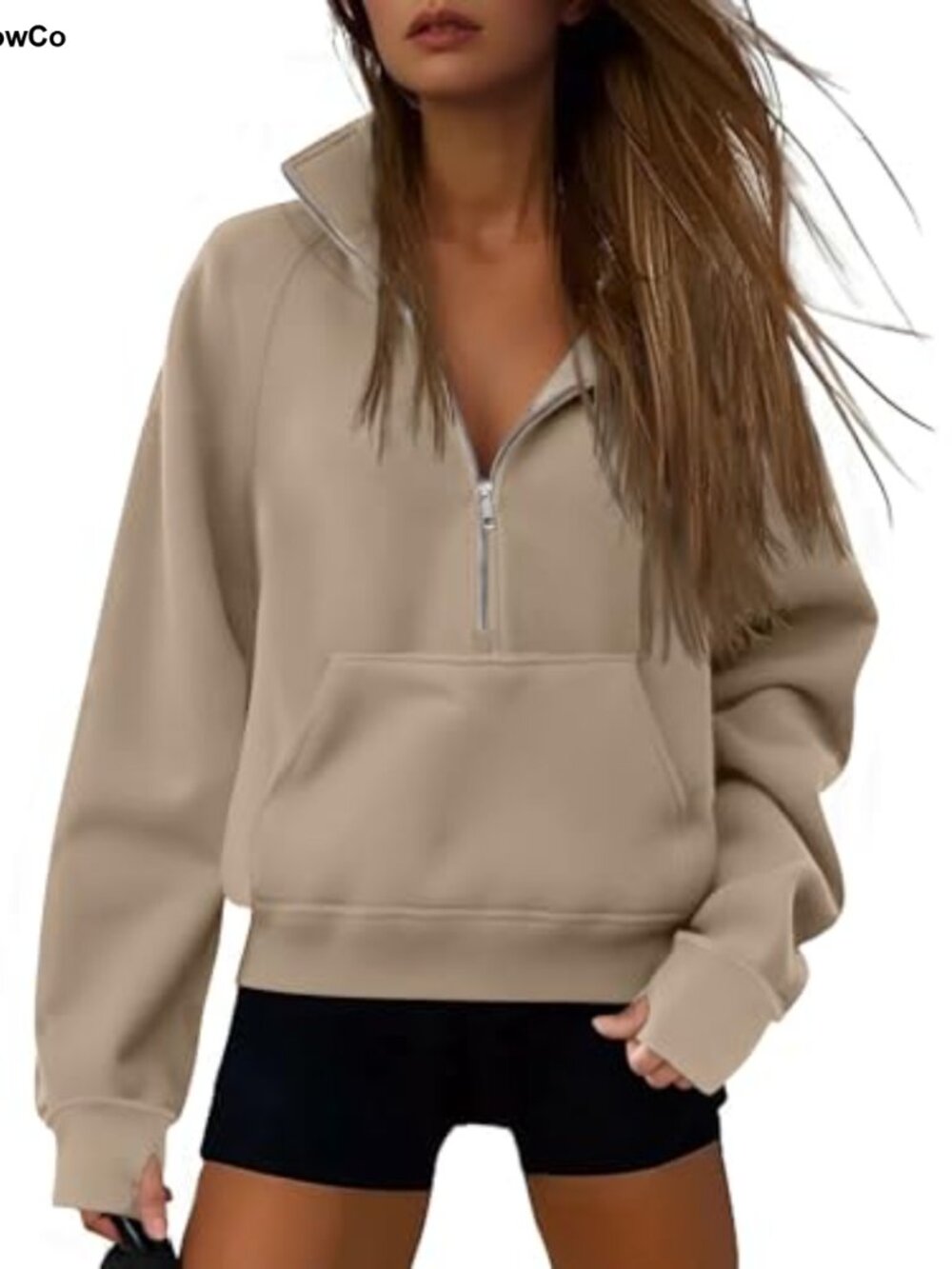 Womens Half Zip Cropped Sweatshirt Fleece Lined Hoodie Thumb Holes Pullover